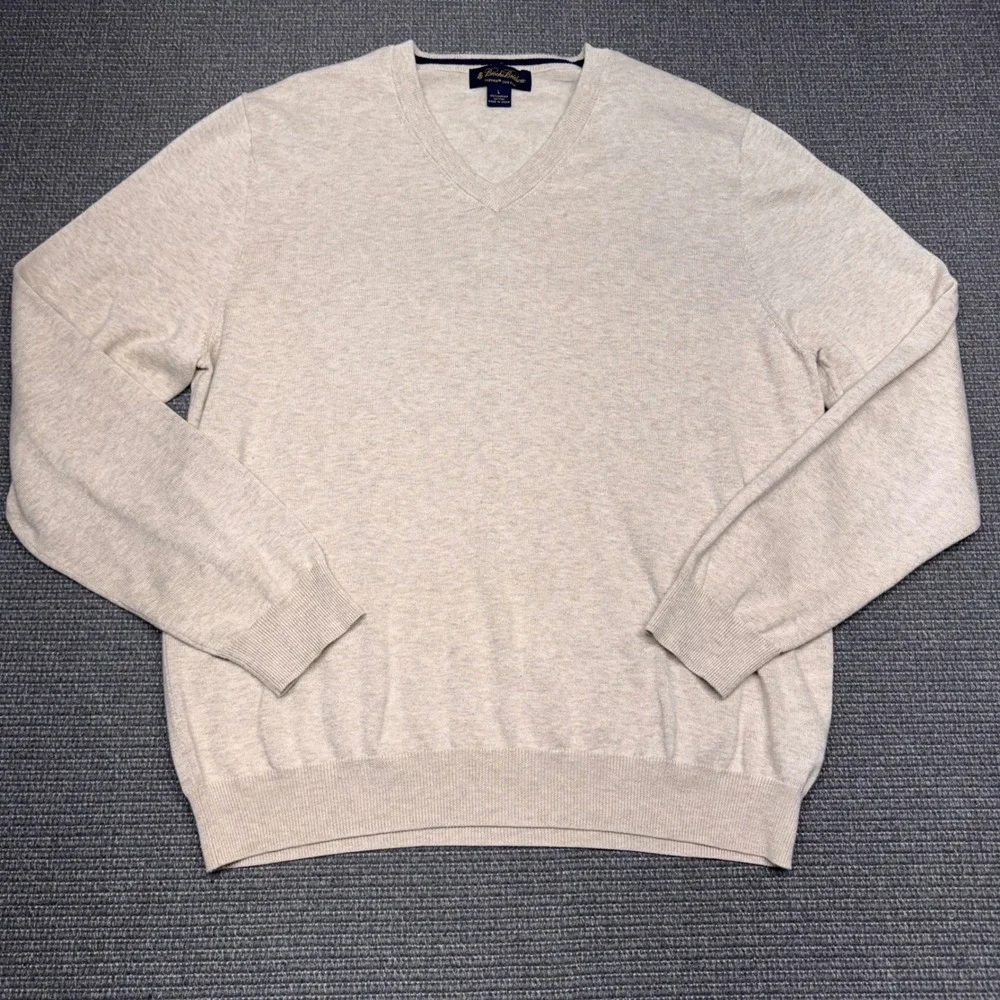Brooks Brothers Mens Supima Cotton V-Neck Sweater Oatmeal Heather Beige Large